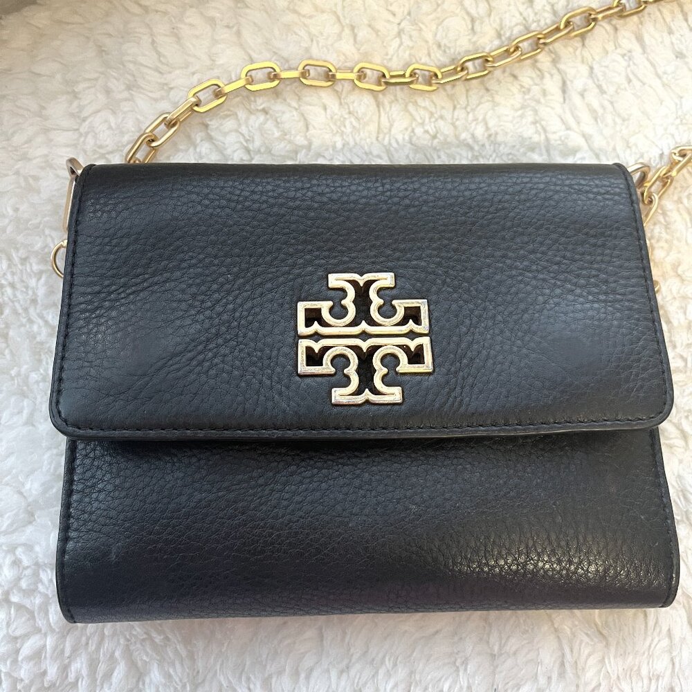 Tory Burch Black Leather Crossbody Bag | Removable Gold Chain and Leather Strap
